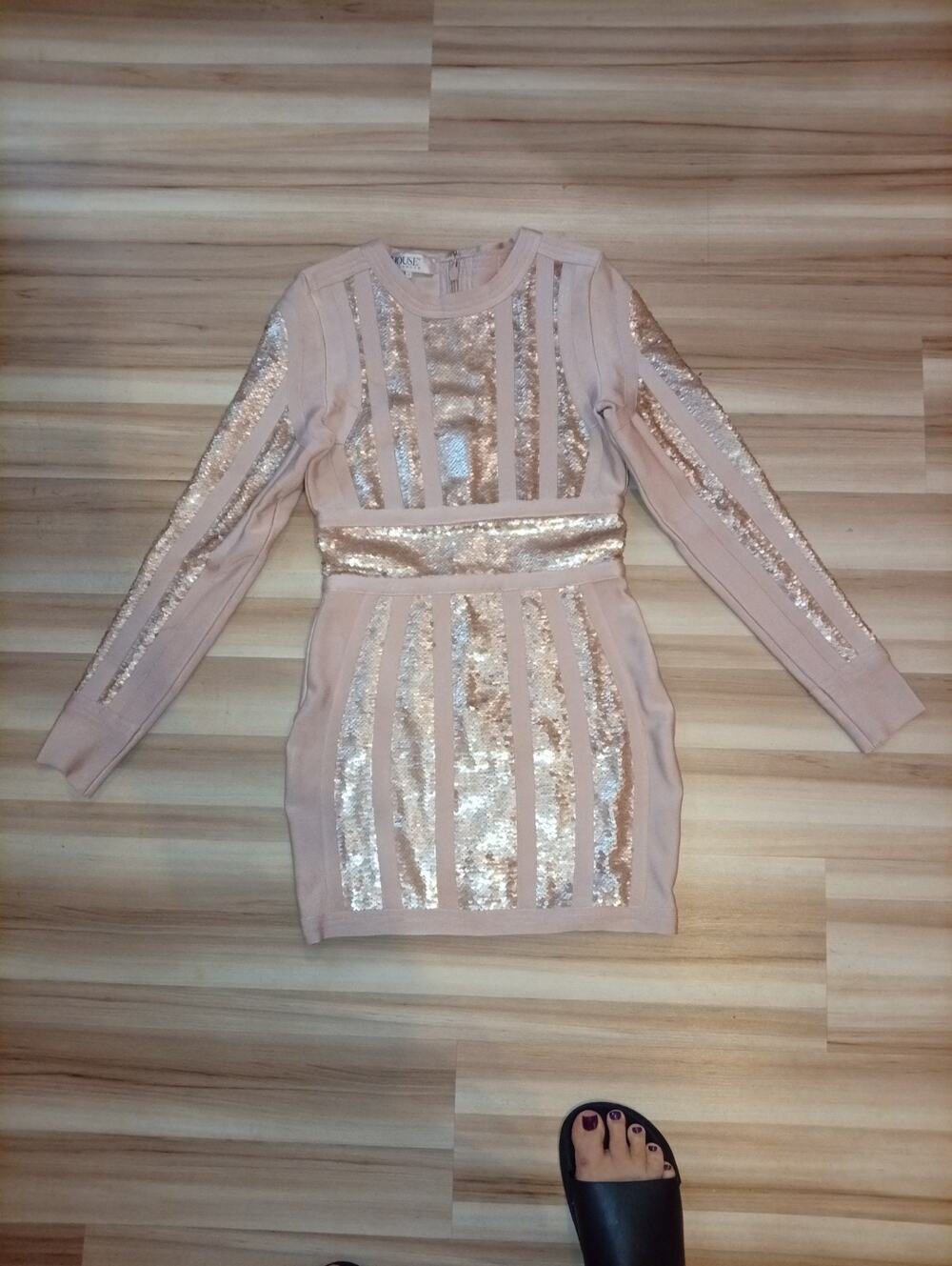 House Of CB Massima Pink Gold Blush Bandage & Sequin Dress Long Sleeve Size S